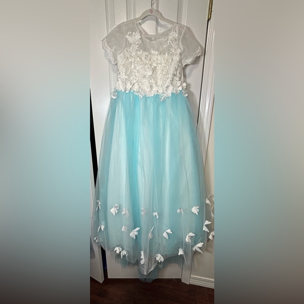 NEW YOUTH GIRLS SZ 12 NWOT BLUE/TURQUOISE W/WHITE Bodice Butterfly Dress